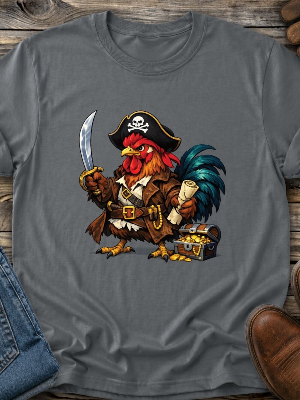 Chicken Pirate TShirt Graphic Tee Adult Unisex Funny Farm Cartoon Rooster Gift